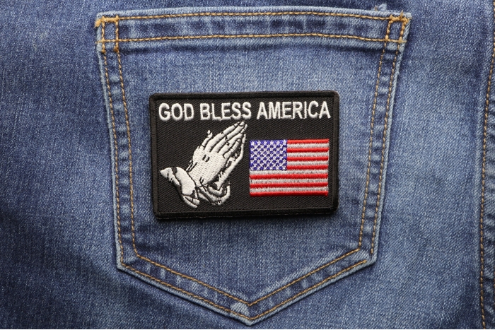 God Bless America Patch shown on jeans