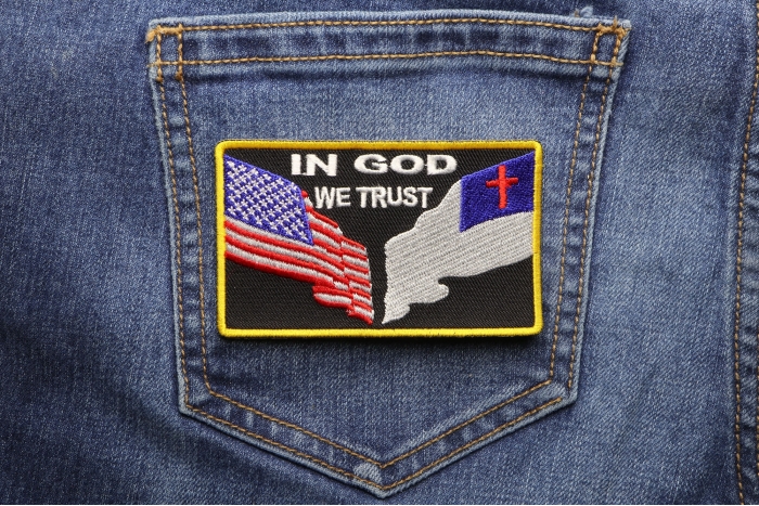 In God We Trust Patch shown on jeans