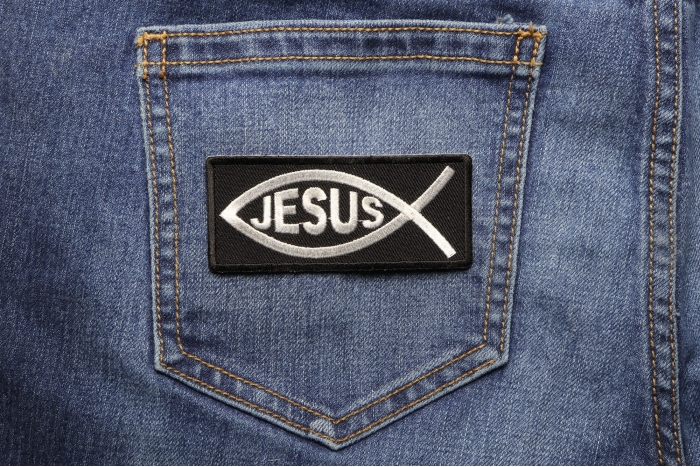 Jesus Fish Patch shown on jeans