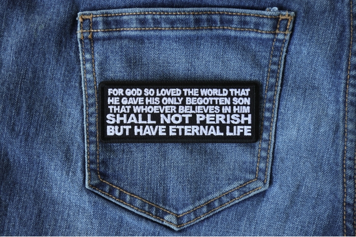 John 3 16 Quote Patch shown on jeans