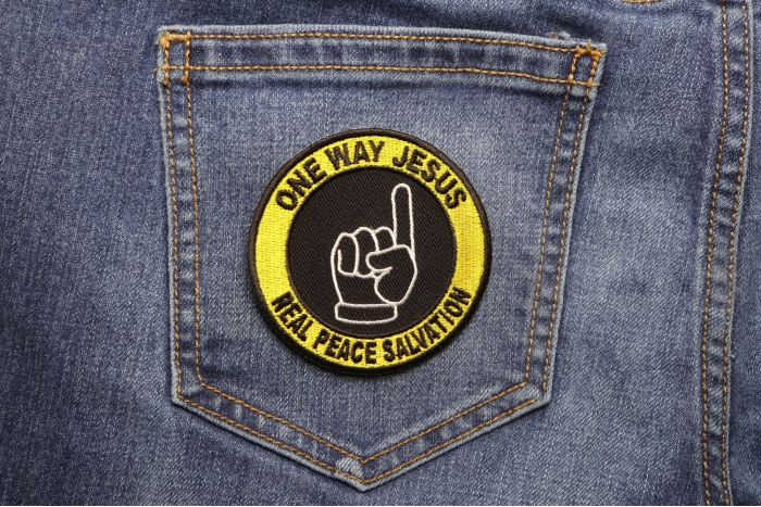 One Way Jesus Real Salvation Patch shown on jeans