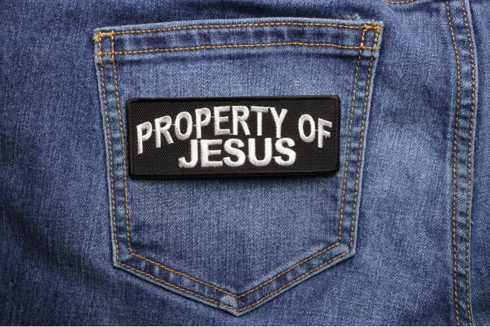Property Of Jesus Christian Patch shown on jeans