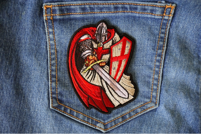 Red Cape Knight Patch shown on jeans