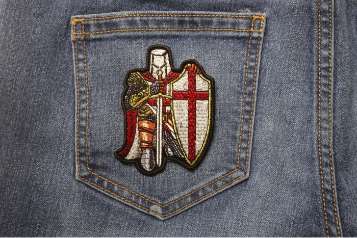 Red Knight Crusader Patch Mini Size shown on jeans