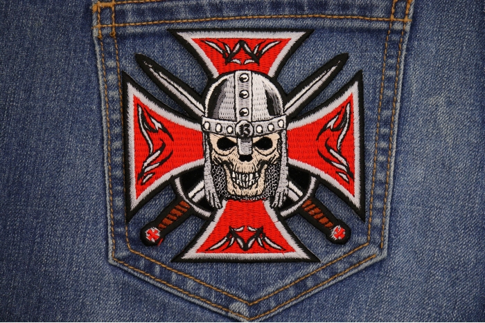 Red Maltese Cross Skull Knight Patch shown on jeans
