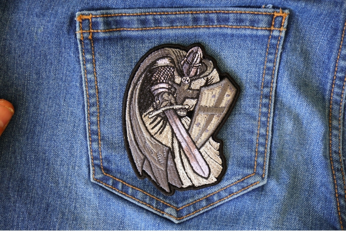 Silver Cape Templar Knight Christian Patch shown on jeans