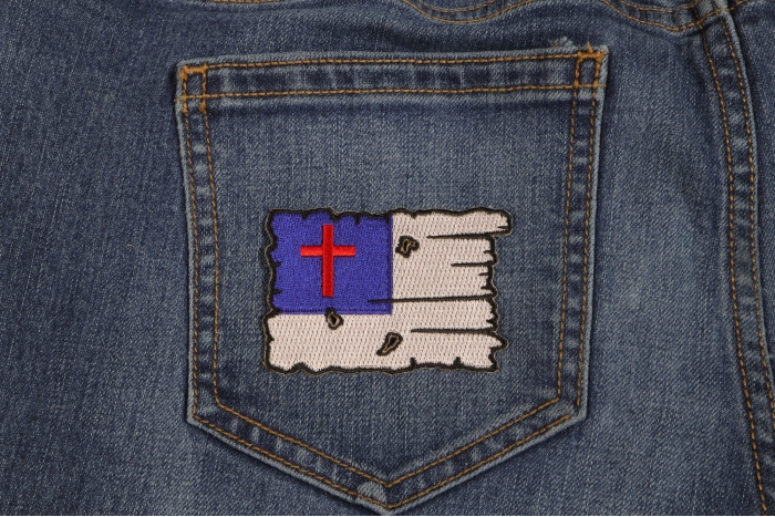 Tattered Christian Flag Patch shown on jeans