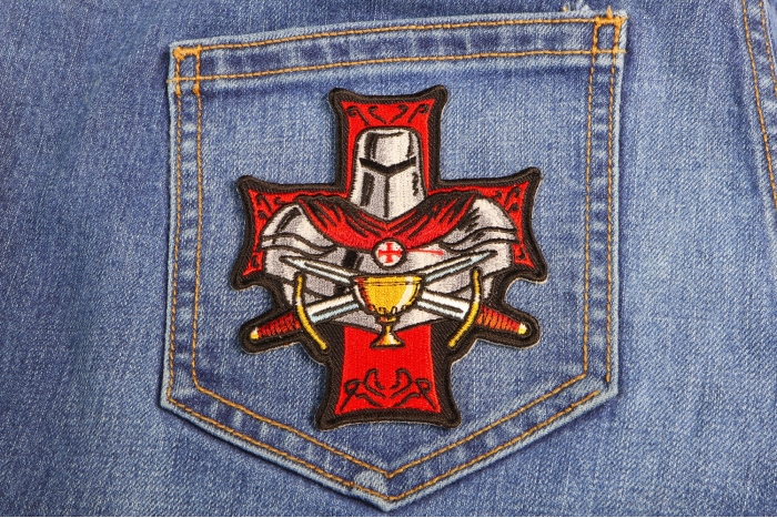 Templar Holy Grail Christian Iron on Patch shown on jeans