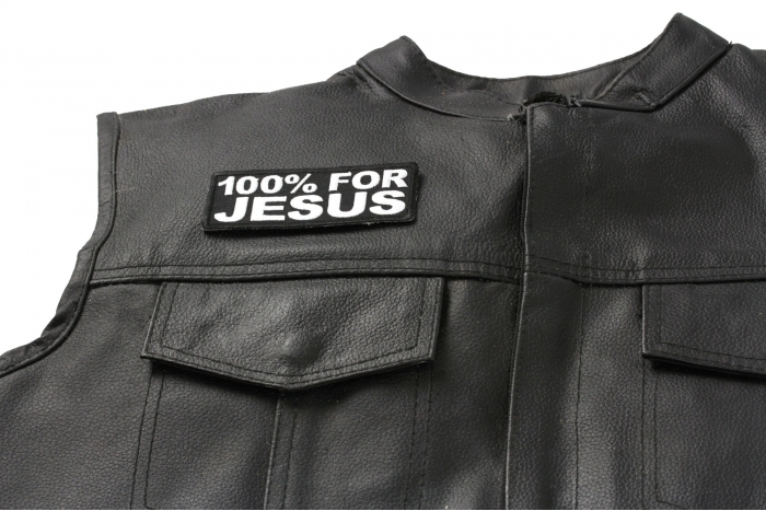100 Percent for Jesus Patch - 4x1.5 inch. Embroidered Iron on Patch shown on leather vest