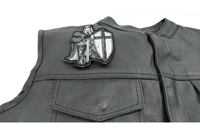 Black and White Crusader Knight Small Patch - 3.3x4.5 inch. Embroidered Iron on Patch shown on leather vest