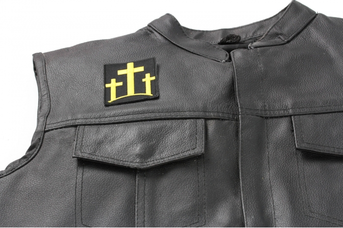 Black and Yellow Three Crosses Patch - 2.25x2.5 inch. Embroidered Iron on Patch shown on leather vest