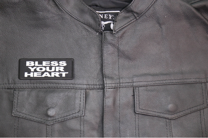 Bless Your Heart Patch shown on leather vest