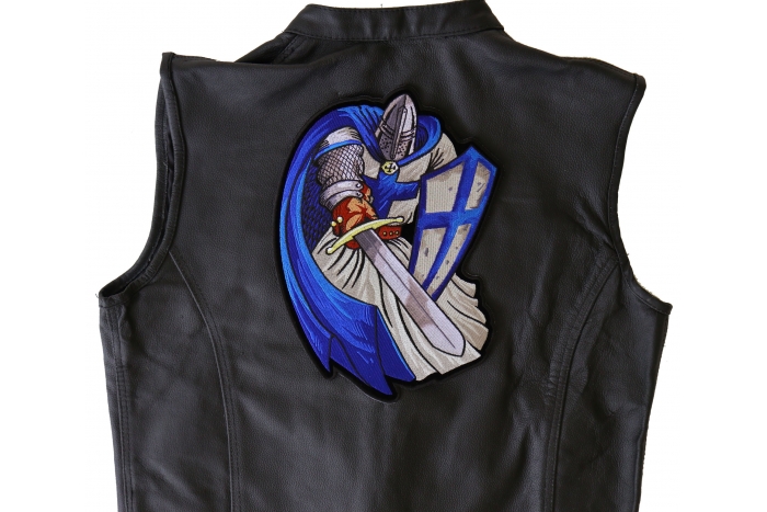 Blue Caped Knight with Sword Patch, Large Christian Back Patches shown on leather vest