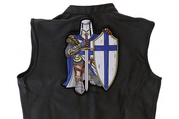 Blue Knight Kneeling Knight Patch, Large Christian Back Patches shown on leather vest