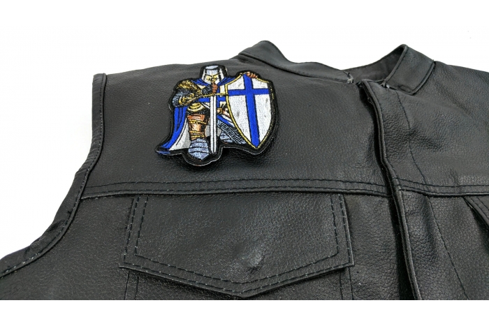 Blue Crusader Knight Small Patch - 3.3x4.5 inch. Embroidered Iron on Patch shown on leather vest