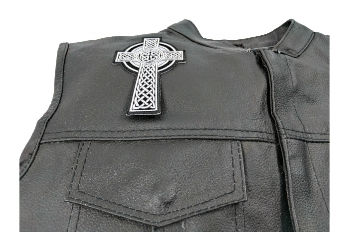 Celtic Cross Small Patch - 3x4.6 inch. Embroidered Iron on Patch shown on leather vest