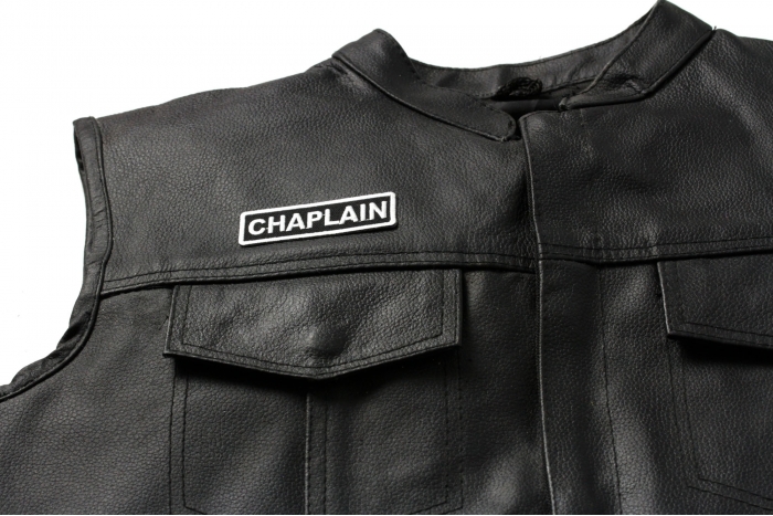 Chaplain Patch, Christian Saying Patches shown on leather vest