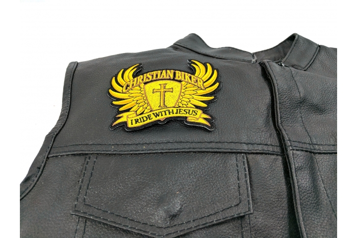 Christian Biker Patch Small In Brown I Ride With Jesus - 4.5x4 inch shown on leather vest