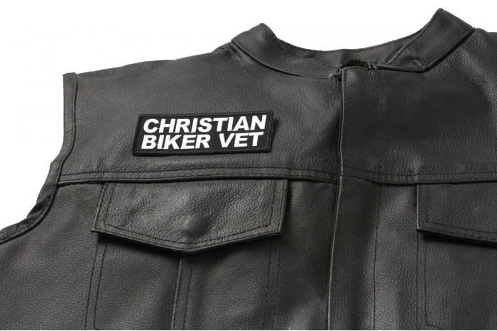 Christian Biker Vet Patch, Christian Saying Patches shown on leather vest