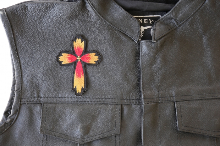 Christian Cross Flower Petal Patch - 3x4 inch. Embroidered Iron on Patch shown on leather vest
