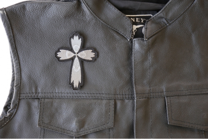 Christian Cross Silver Patch - 3x4 inch. Embroidered Iron on Patch shown on leather vest