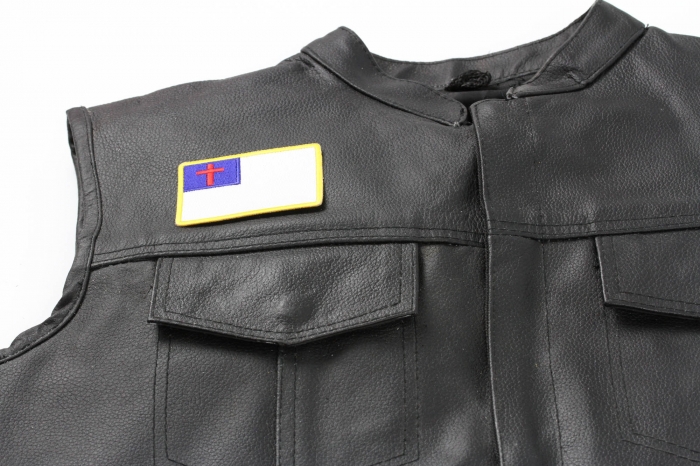 Christian Flag Small Patch - 3x2 inches. Embroidered Iron on Patch shown on leather vest