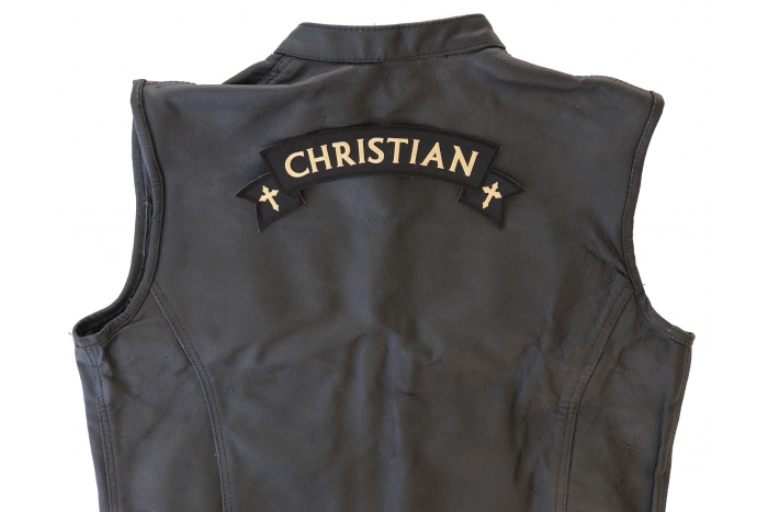 Christian Patch, Large Rocker Patches shown on leather vest
