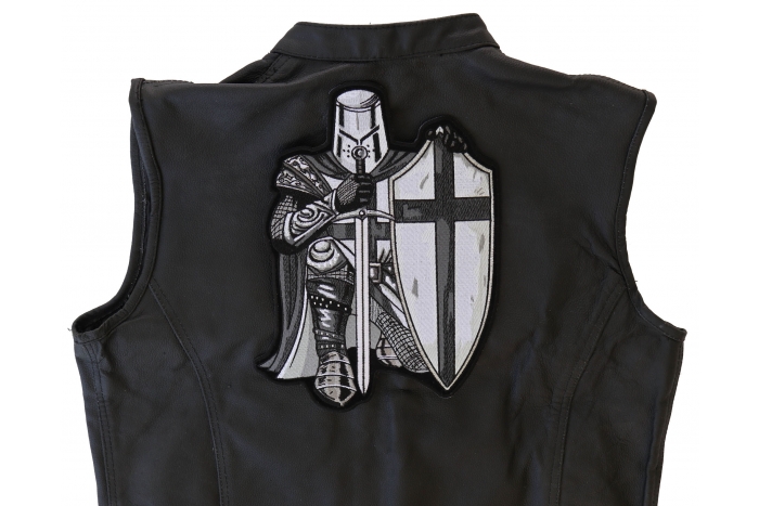 Kneeled Knight Patch, Large Christian Back Patches shown on leather vest