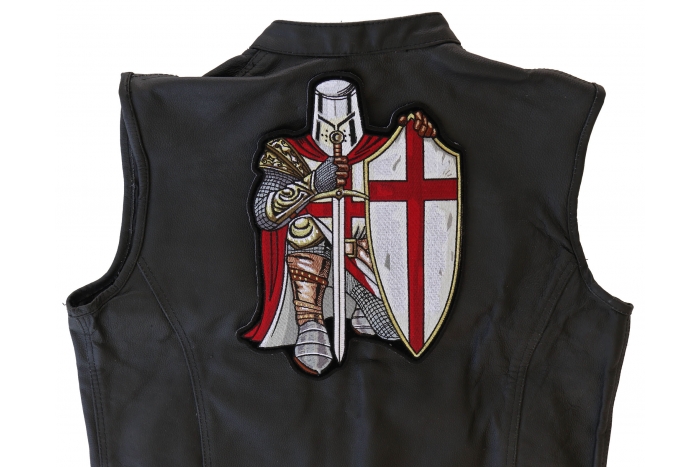 Red Kneeling Knight Patch, Large Christian Back Patches shown on leather vest