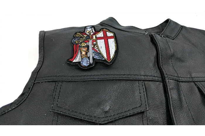 Crusader Knight Patch Small - 3.3x4.5 inch. Embroidered Iron on Patch shown on leather vest