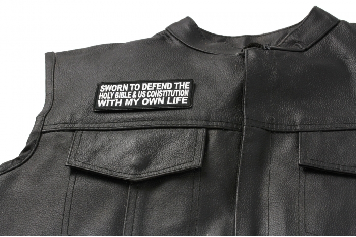Sworn To Defend The Holy Bible and US Constitution With My Own Patch, Patriotic Patches, Iron on Quotes and Sayings for Hats shown on leather vest