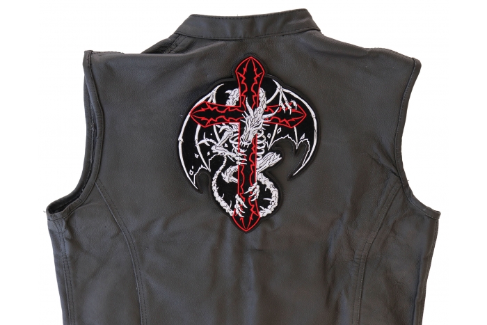 Dragon and Cross Patch, Large Skull Patches for Biker Jackets shown on leather vest