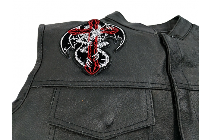 Dragon Skeleton Over Cross Patch, Skull Patches shown on leather vest