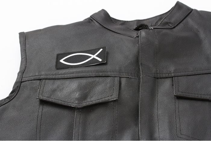 Christian Symbol Fish Sign Patch - 3x1.5 inch. Embroidered Iron on Patch shown on leather vest