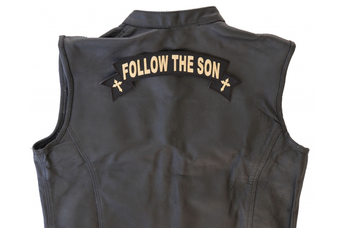 Follow The Son Patch, Large Rocker Patches shown on leather vest