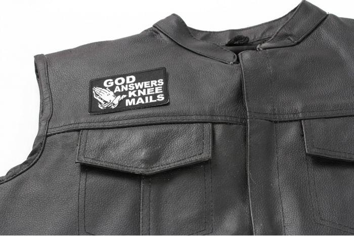 God Answers Knee Mails Patch, Saying Patches shown on leather vest