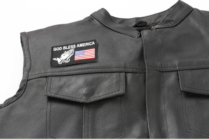 God Bless America Patch - 3.25x2.25 inch. Embroidered Iron on Patch shown on leather vest