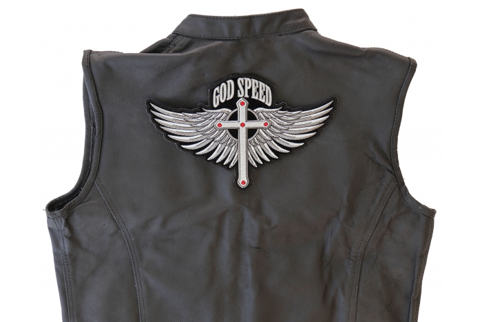God Speed Cross and Wings Patch, Large Christian Back Patches shown on leather vest