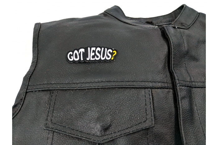 Got Jesus Patch - 3x1 inch. Embroidered Iron on Patch shown on leather vest