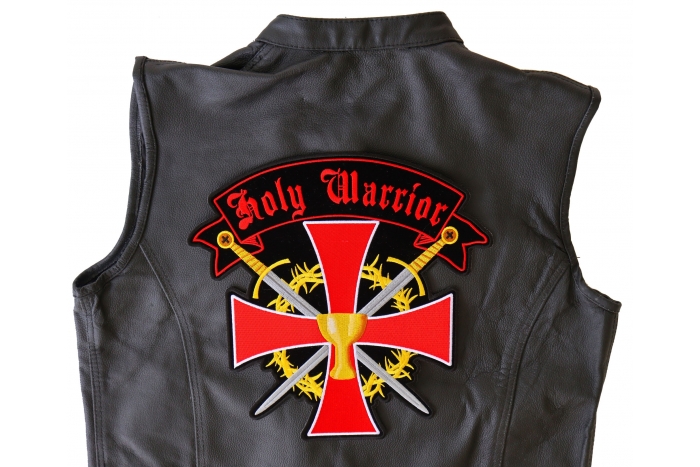 Holy Warrior Christian Cross Swords and Holy Grail Patch, Large Christian Back Patches shown on leather vest