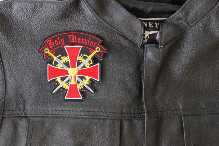Holy Warrior Patch - 4x4 inch - Embroidered Iron on Patch shown on leather vest