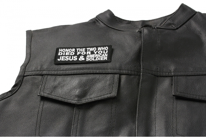 Honor The Two Who Died For You JESUS and American Soldier Patch, Patriotic Patches, Iron on Quotes and Sayings for Hats shown on leather vest