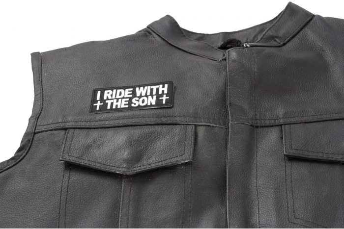 I Ride With The Son Patch, Christian Saying Patches shown on leather vest