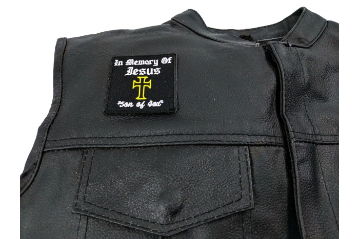 In Memory Of Jesus Son Of God Patch - 2.5x2.5 inch. Embroidered Iron on Patch shown on leather vest