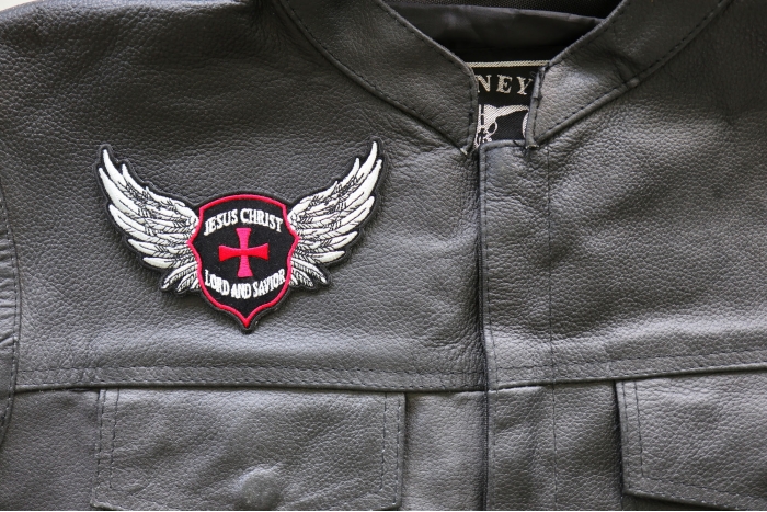 Jesus Christ Lord and Savior Wings Christian Iron on Patch - 4.5x2.9 inch - Embroidered Iron on Patch shown on leather vest