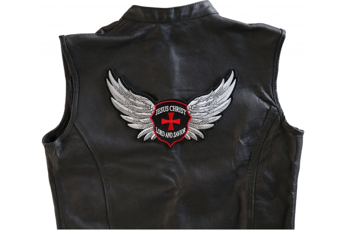 Jesus Christ Lord and Savior Patch, Large Christian Back Patches shown on leather vest
