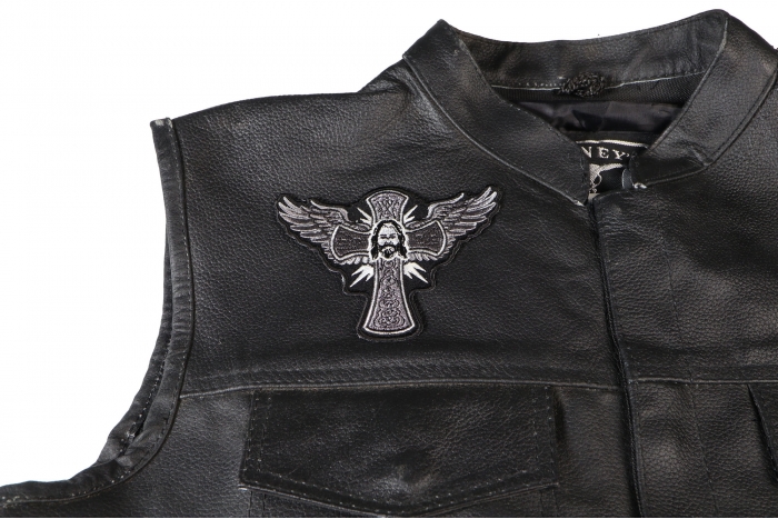 Jesus Cross and Wings Patch - 4.5x3.5 inch. Embroidered Iron on Patch shown on leather vest