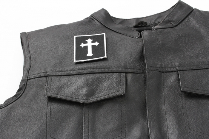 Jesus Cross Small Patch - 2.25x2.75 inch. Embroidered Iron on Patch shown on leather vest