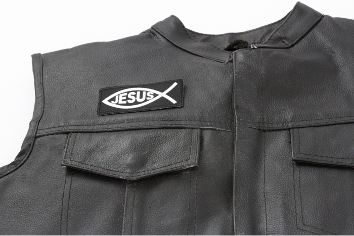 Jesus Fish Patch - 3.5x1.5 inch. Embroidered Iron on Patch shown on leather vest