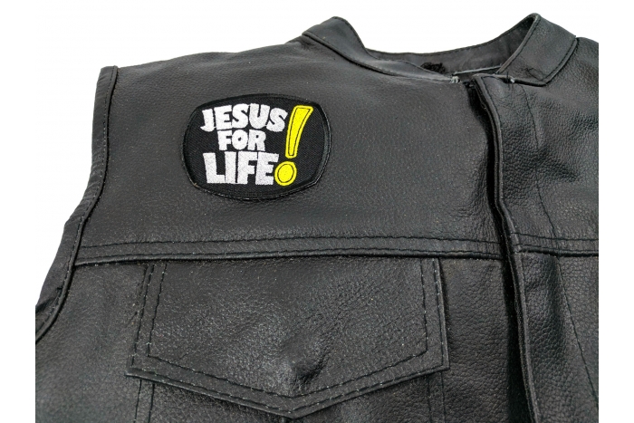Jesus For Life Patch, Christian Patches shown on leather vest